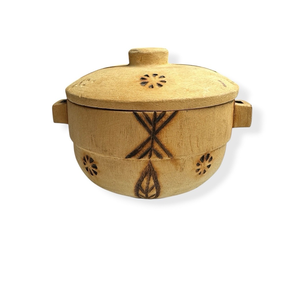 Hand Carved Wooden Bowl Small Bean Pot Serving Southwest Symbols‎ w/ Handles